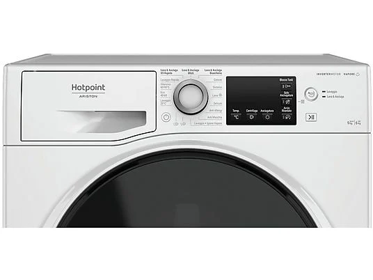 Lave-linge séchant HOTPOINT NDB 964489 WDA IT, chargement frontal, capacité de lavage 9 kg, capacité de séchage 6 kg, 16 programmes, profondeur 54 cm, blanc, classe énergétique A + lot de 4 pieds anti-vibrations KOENIC pour lave-linge + désodorisant d'intérieur MELICONI ECO PARFUM FRESH MUSK