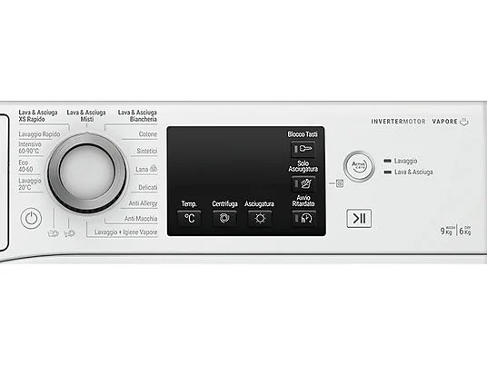 Lave-linge séchant HOTPOINT NDB 964489 WDA IT, chargement frontal, capacité de lavage 9 kg, capacité de séchage 6 kg, 16 programmes, profondeur 54 cm, blanc, classe énergétique A + lot de 4 pieds anti-vibrations KOENIC pour lave-linge + désodorisant d'intérieur MELICONI ECO PARFUM FRESH MUSK