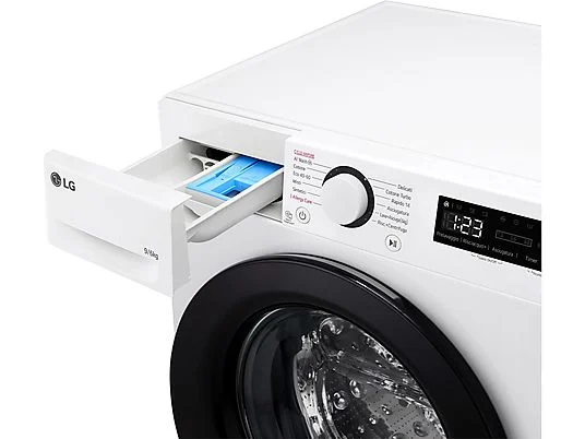 Lave-linge séchant LG AI DD D4R3009NSWB, chargement frontal, capacité de lavage 9 kg, capacité de séchage 6 kg, 12 programmes, profondeur 56,5 cm, blanc, classe énergétique A + lot de 4 pieds anti-vibrations KOENIC pour lave-linge + désodorisant d'intérieur MELICONI ECO PARFUM FRESH MUSK