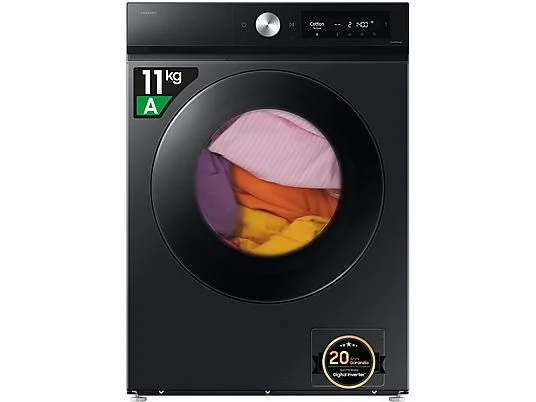 Lave-linge séchant SAMSUNG WD11DB7B85GBU3, chargement frontal, capacité de lavage 11 kg, capacité de séchage 6 kg, 25 programmes, profondeur 60 cm, noir, classe énergétique A + lot de 4 pieds anti-vibrations KOENIC pour lave-linge, parfum MELICONI ECO PARFUM MUSC FRAIS